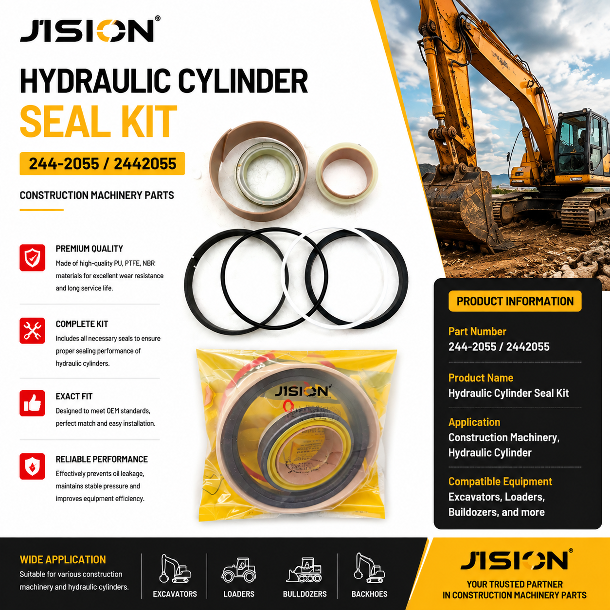 244-2055 Hydraulic Cylinder Seal Kit 2442055 Construction Machinery Hydraulic Repair Seal Kit for Excavators Loaders and Heavy Equipment