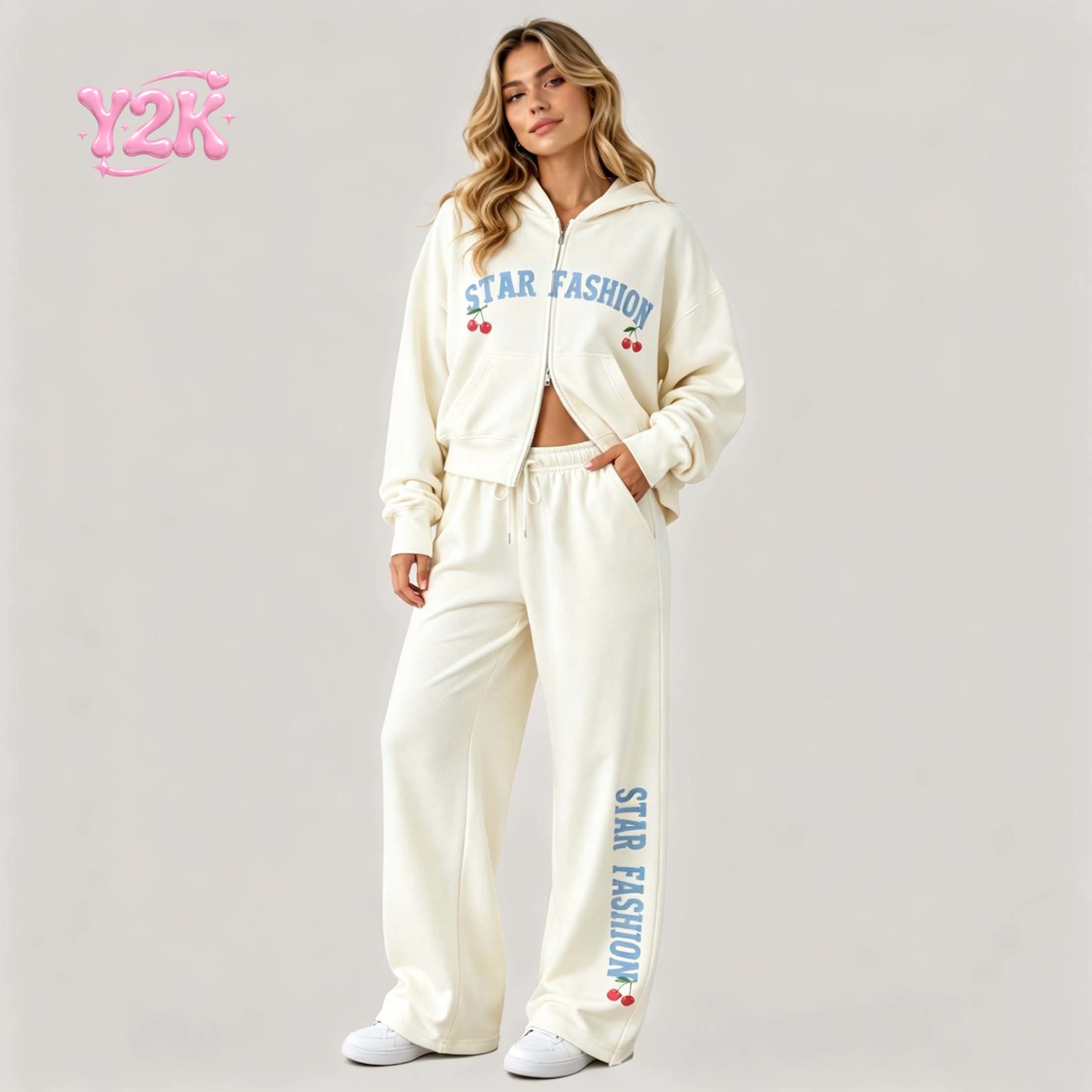 Custom Women's Graphic Zip Hoodie Wide Leg Sweatpants Set