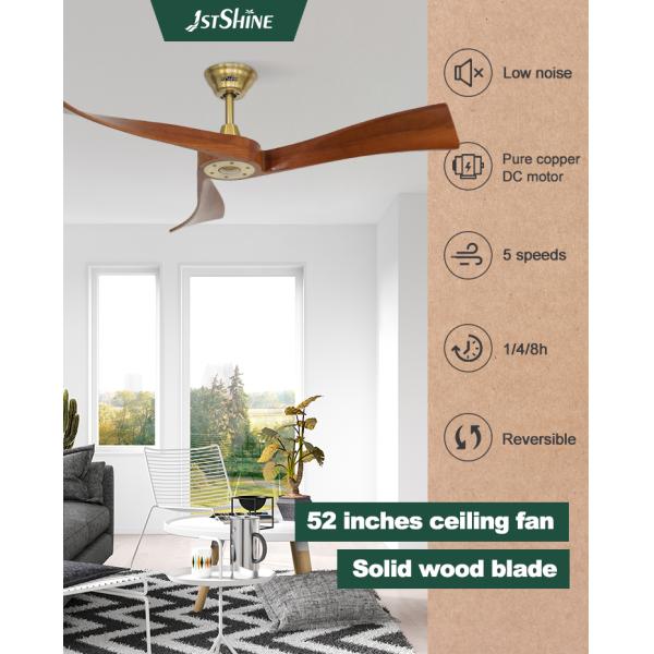 Ventilador de teto moderno de metal dourado com controle inteligente e temporizador Sim As lâminas de madeira incluídas