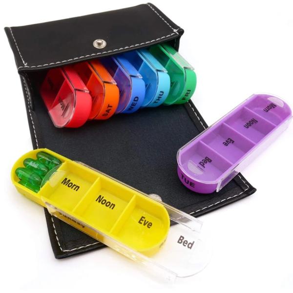 Hot selling 7 day 28 case colored pill box organizer in PU leather bag Weekly Large Travel Pill Organizer 4 Time a Day