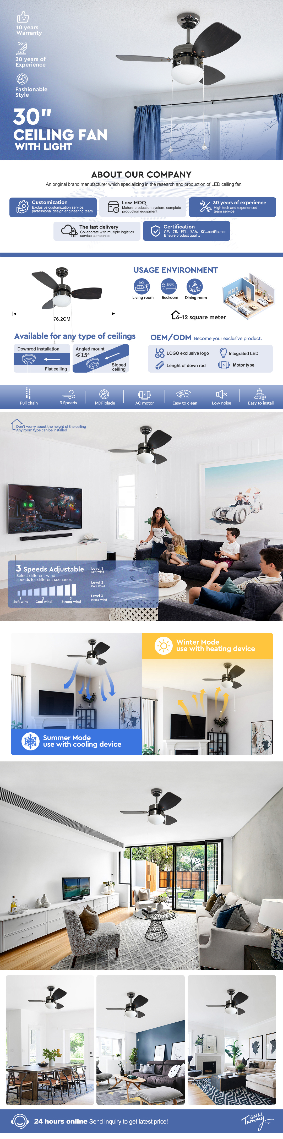 Потолочные вентиляторы лезвий Mdf мотора 3 меди Ac современные небольшие с цепью тяги