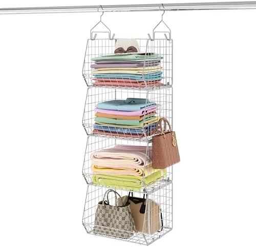 X-COSRACK 4 TIER FOLDABLE CLOSET ORGANIZER, CLOTHES SHELVES WITH 5 S HOOKS, WALL MOUNT&CABINET WIRE STORAGE BASKET BINS,