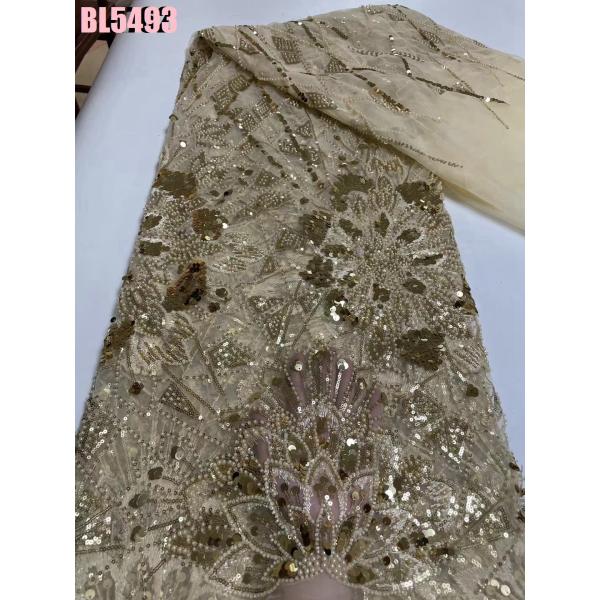 Latest fashionable aso ebi beaded lace wedding dress with shiny beaded French mesh lace with colorful beaded