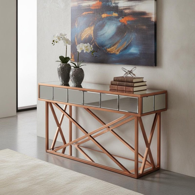 Mirrored Surface Copper Color Console Table with Crushed Diamond Inlay 120X35X79CM