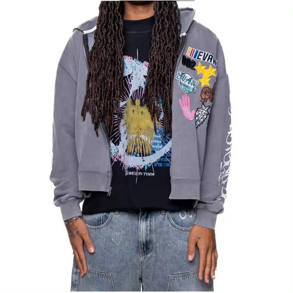 Autumn Custom Men'S Stone Acid Wash Cropped Boxy Embroidered Zip Up Hoodie Embroidered Vintage Sweatshirts