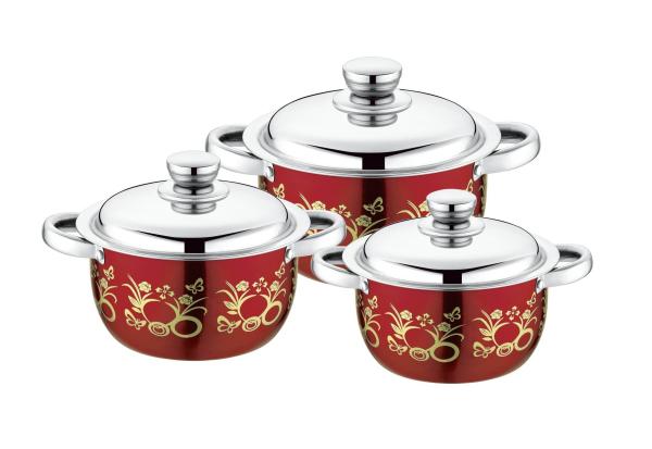 hot selling 6pcs  cookware set with red color  &16/18/20cm cooking pot &16cm/18cm/20cm cookware set in  stainless steel
