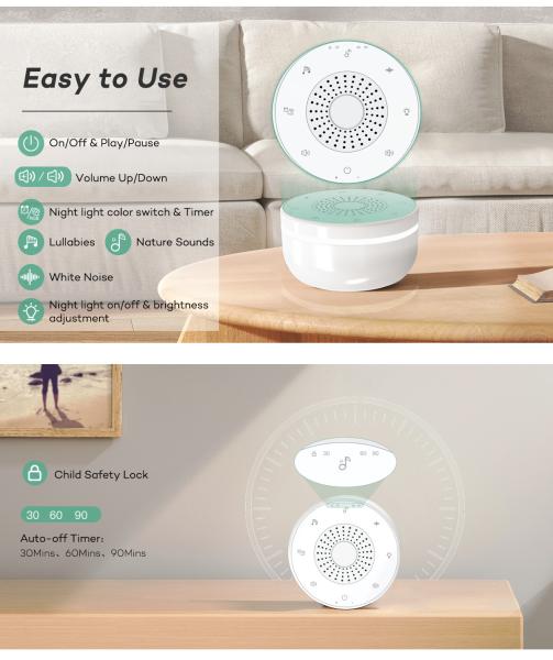 USB Rechargeable White Noise Machine with Night Light and Timer