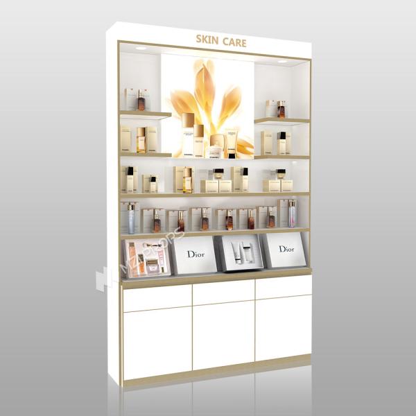 Makeup Store Cabinet White Wooden Skincare Cabinet With Light Box For Visual Merchandising Store Display And Cost-Effective Store Shelf