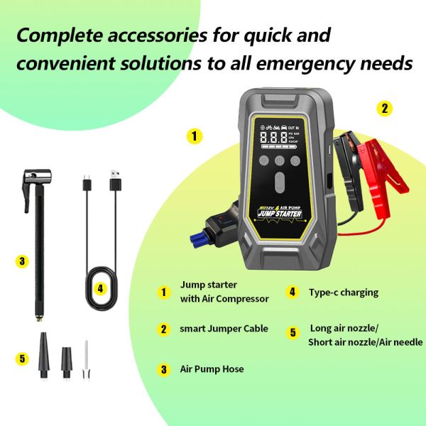 1000A Peak Current Multi-Function Jump Starter with 150PSI Air Compressor and 12000mAh Capacity