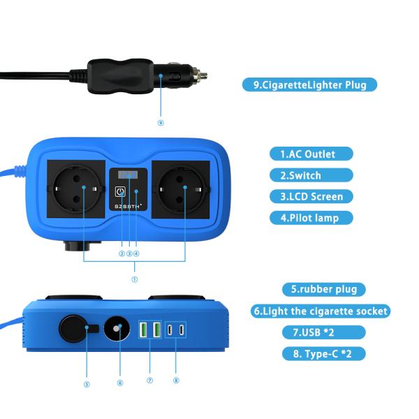 200W Car Power Inverter with LCD Display & Dual Cigarette Lighter Plugs, 2 USB Ports and AC Outlet, 12V to 220V Modified Sine Wave