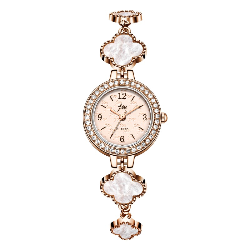 Four Leaf Clover Rhinestone Ladies Quartz Watch Gold Metal Bracelet 3 Colors