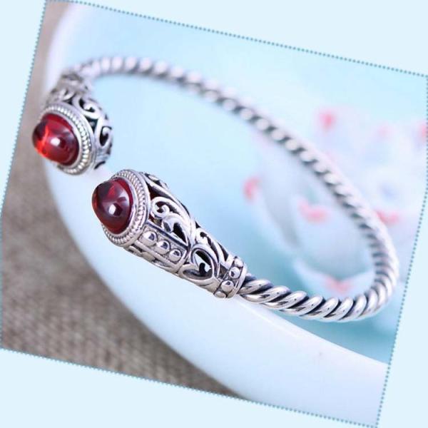Sterling Silver Cable Bracelet with Garnet Open Adjustable Cuff Bracelet (XH049954W)