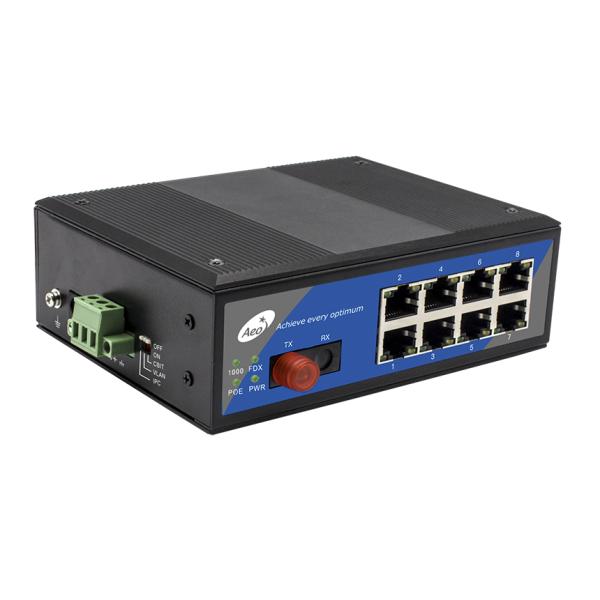 8 Port Industrial Media Converter Fiber To Ethernet 1 Fiber and 8 POE Ethernet Ports