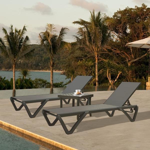 Outdoor Lounge Chair Set Aluminum Patio Chaise Lounger Side Table and Pillow Outside Pool Beach Sunbathing Tann