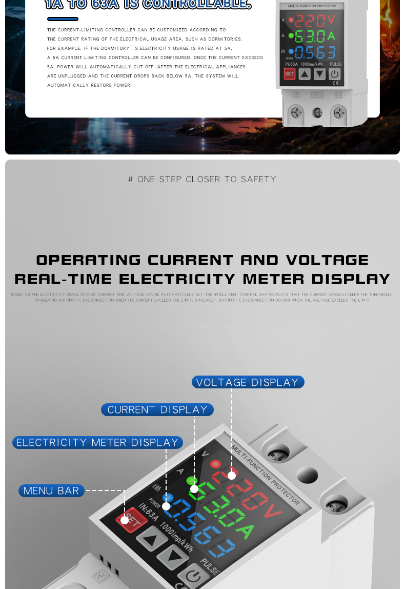 Rail-mounted digital display rocker switch self-reset over/under voltage protector 40A 63A for home use, delay 220V