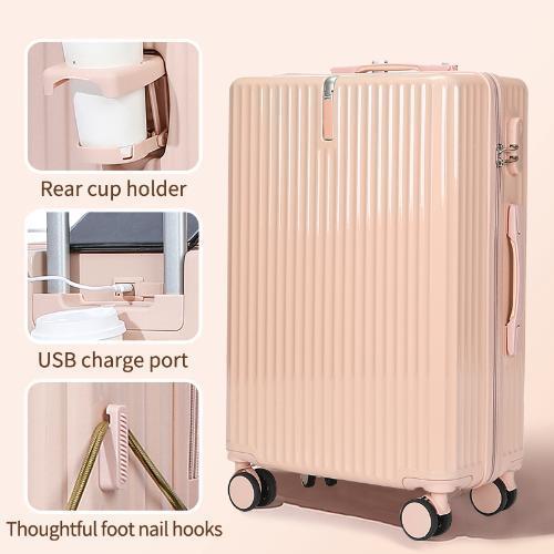 Black color ABS+PVC Multi-Function Cup Holder Suitcase 20/24/28inch Travel Suitcases in Spinner Wheeled Luggage Set 20” Carry-On Trolley Luggage Bag Travel Case