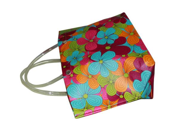 Reusable Orange PP Woven Shopping Bags With Transparent PVC Handle, Danceing Girls Pattern