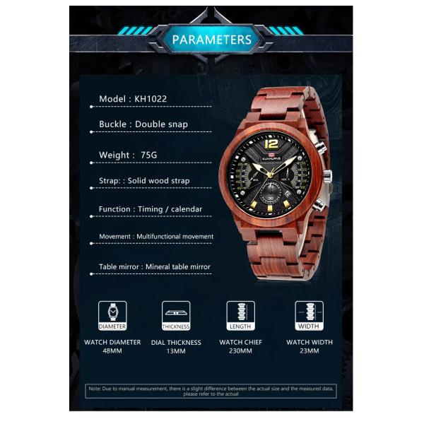 48mm Case Adult Wood Chronograph Quartz Watch