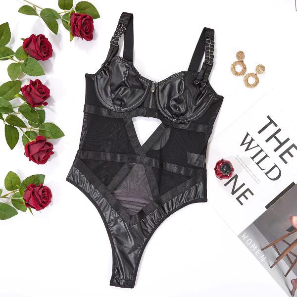 Женское белье кожаных лоснистых дам Pu сексуальное устанавливает нижнее белье романтичного one piece сексуальное