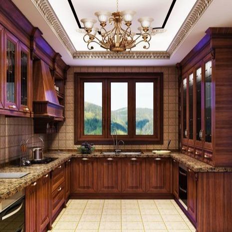 Elegante, luxuoso e funcional armário de cozinha de aço inoxidável com cores ricas e bancas de mármore requintadas
