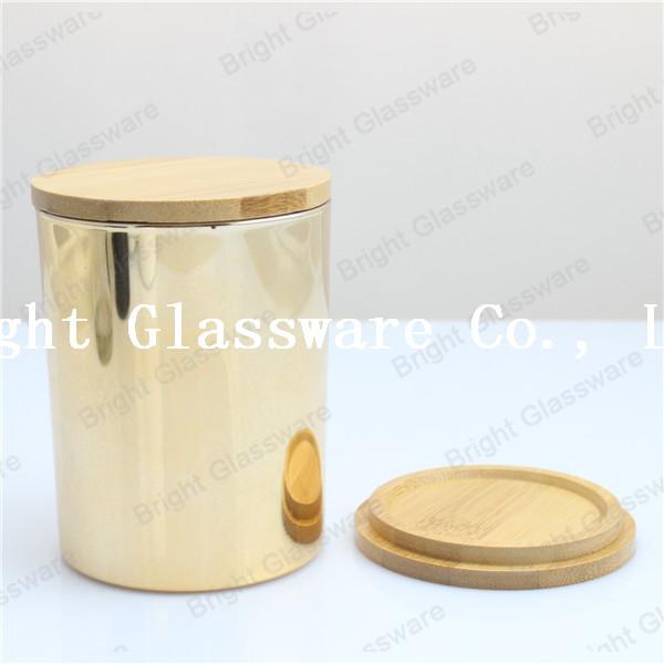 Glass Gold Candle Jar with Bamboo Lid, Bamboo Lid Jar for decor