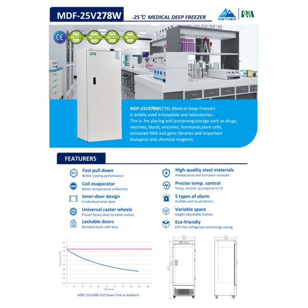 морозильник нержавеющей стали лаборатории больницы емкости 278L чистосердечный с замком