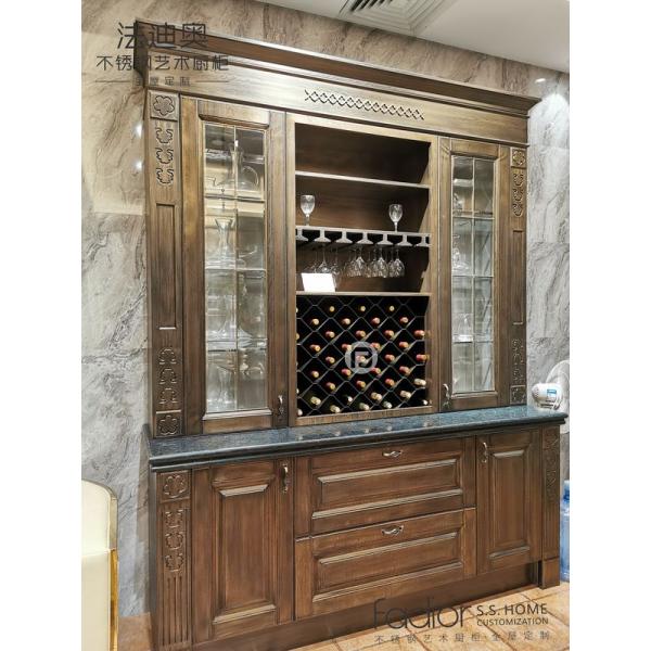 Dark Wood Stainless Steel Kitchen Cabinets with Island and LED Lighting