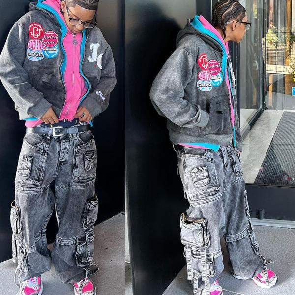 Distressed Denim Heavyweight Vintage Tracksuit Set Streetwear Sweat Suits Anti Bacterial