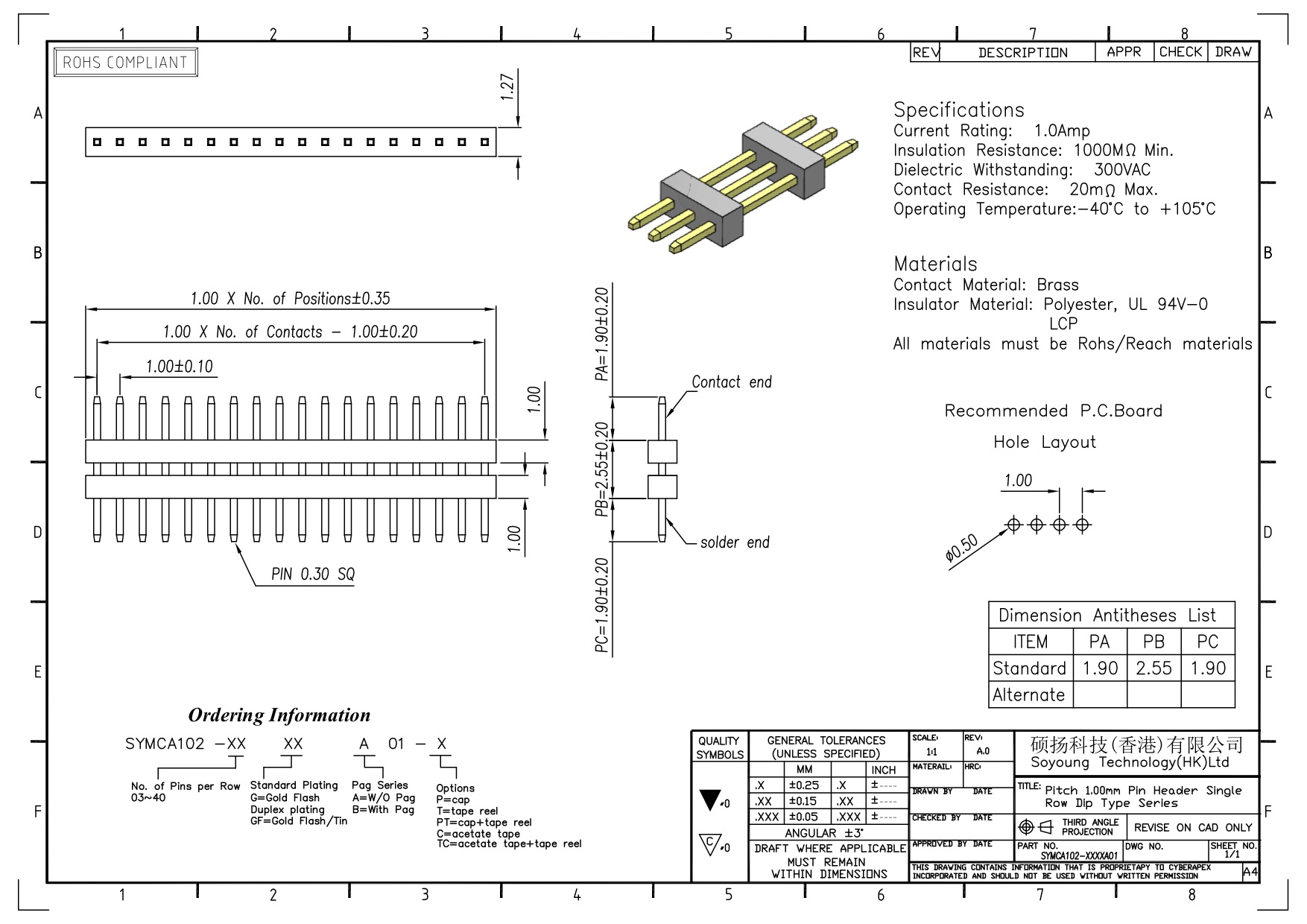 Стога строки соединителя 1.00mm заголовка Pin тип 1 *3PIN одиночного прямой к 1*40PIN SQ0.30mm