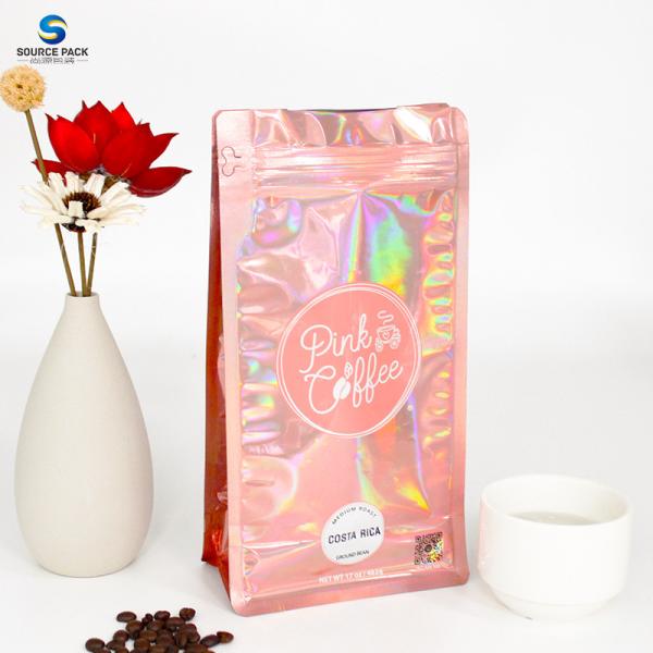 Customizable Holographic Flat Bottom Coffee Bag With Valve And Zipper