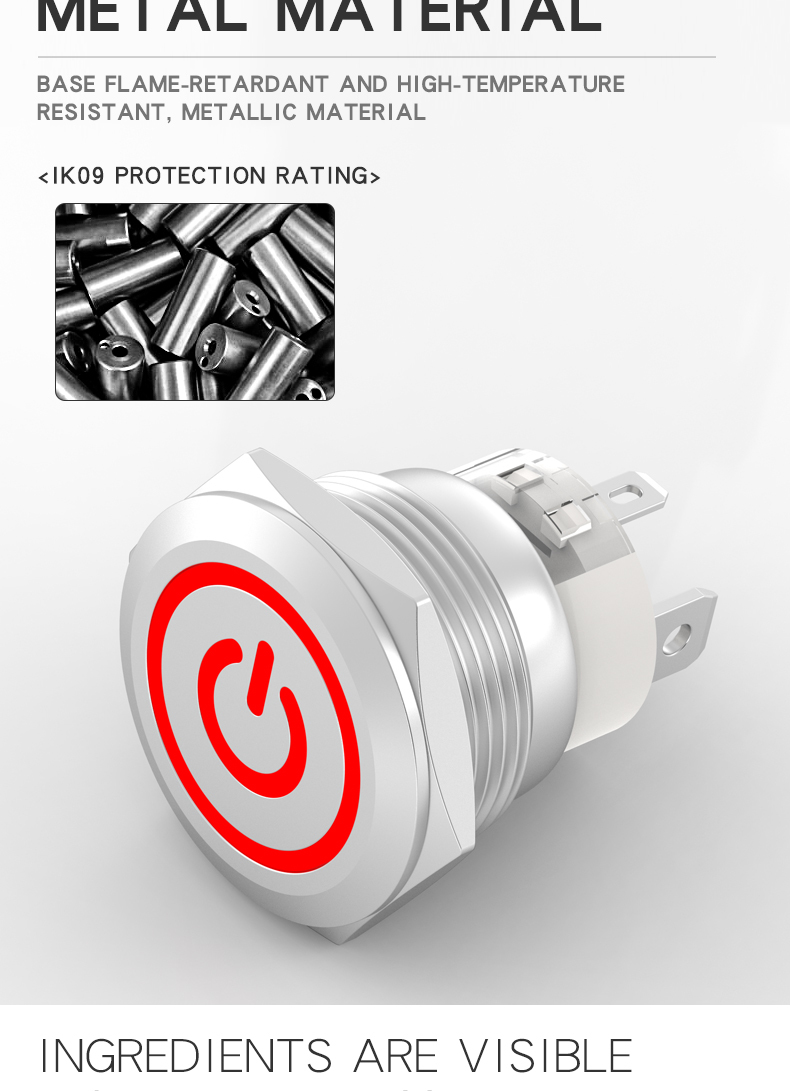 Metal Push Button Switch, Short Type, High Current 19mm Power Button with Light, Self-Locking and Self-Reset Start-Stop Switch
