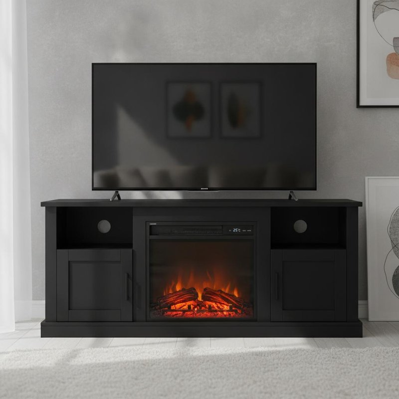 JSBL1302 Black Modern Electric Fireplace TV Stand with Built-in Bluetooth Speaker and Electric Heater with Ambient Light