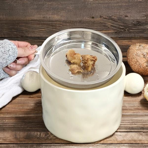 Stainless Steel Lid and Printed Features White Ceramic Noodle Bowl for Kitchen Storage