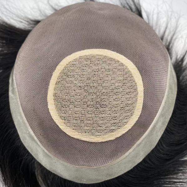 Mono PU Remy Hair Toupee Fine Mono Lace with silk base crown Indian Human Hair Replacement Wig For Men