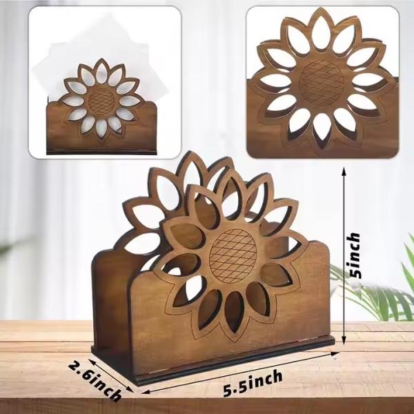 Nouveau porte-serviette en bois massif sculpté en tournesol Dispenser de tissus en bois élégant pour la décoration de table de restaurant