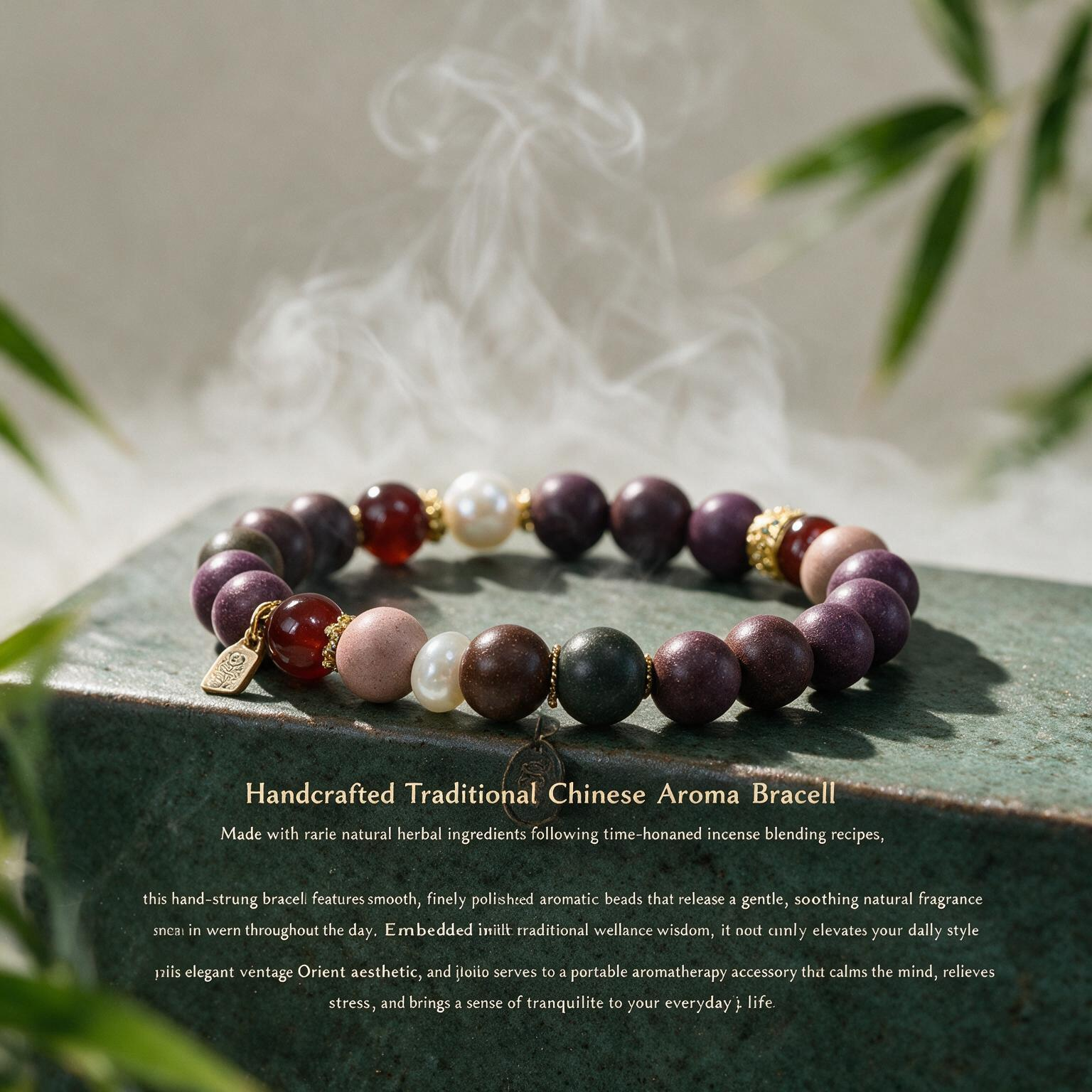 Classic Chinese Style Goose Feather Green Wood Beaded Bracelet with Calming and Regulating Buddhist Beads Bracelet