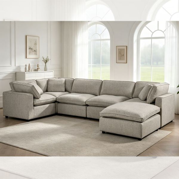 Sectional Modular Sofa with Feather Blend Seat Cushion and Pillows, Gray Fabric