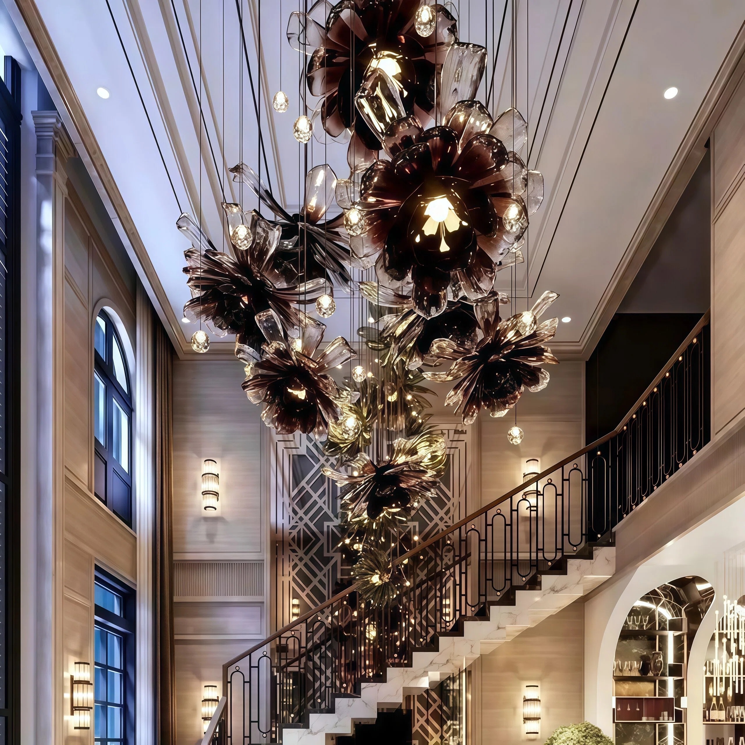 JYLIGHTING Luxury Smoky Flower Glass Chandelier, Multi-Piece Floral Hanging Light for High Ceiling Staircase, Sales Office & Lobby Decoration
