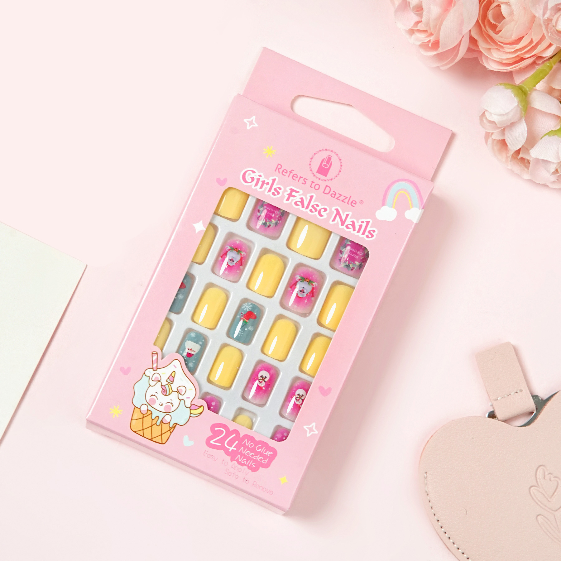 24pcs Cute Cartoon Self Adhesive False Nails Kids Press On Nails ABS Short