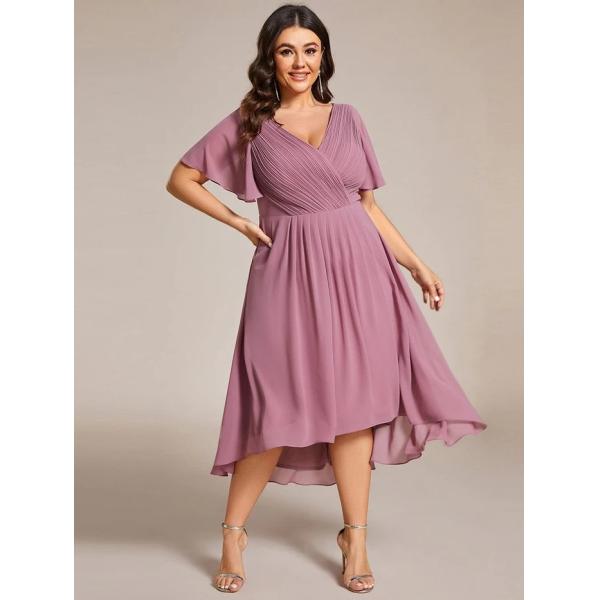 Chic V-neck High-low Short Flutter Sleeves A-line Ruffles Midi Invisible Zipper Dark Purple Chiffon  Cocktail Dress