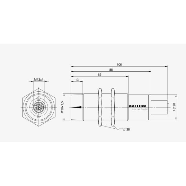 BALLUFF BIC Inductive Coupler for Signal Transmission with 24 VDC Output and IP67 Rating M12x1-Female Connector