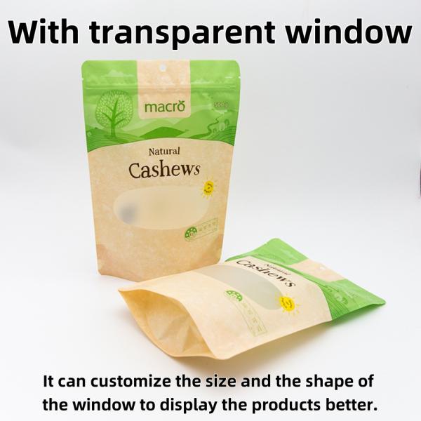 Bolsas Zip-Lock de pie para envasado de alimentos secos con ventanas transparentes y materiales de grado alimenticio. Descuentos en pedidos al por mayor.