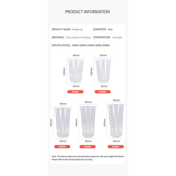 Custom Logo U Shape PP Plastic Cups 500ml Disposable Cold Drink Boba Tea Ice Coffee Clear Round Bottom Plastic Cups With Lids