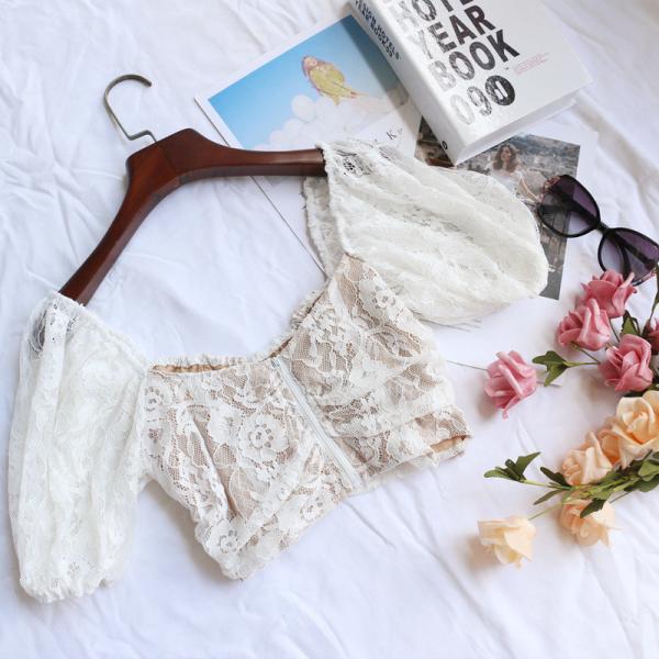 Square Neck Puff Sleeve Backless White Lace Crop Top Short Sleeve