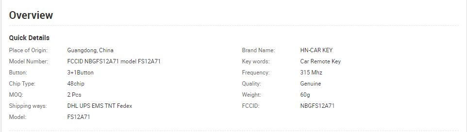 315/ 48 Original Auto Keys FCCID NBGFS12A71 Model FS12A71