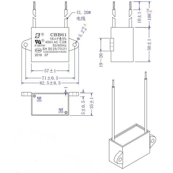 CBB61 450V 16mfd 100 длины линии выхлопный вентилятор конденсатор пластиковые треугольники с расположением отверстий на обеих сторонах.
