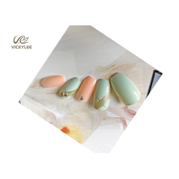 Coffin Artificial OEM Mint Green Fake Nails Press On Crystal Stone
