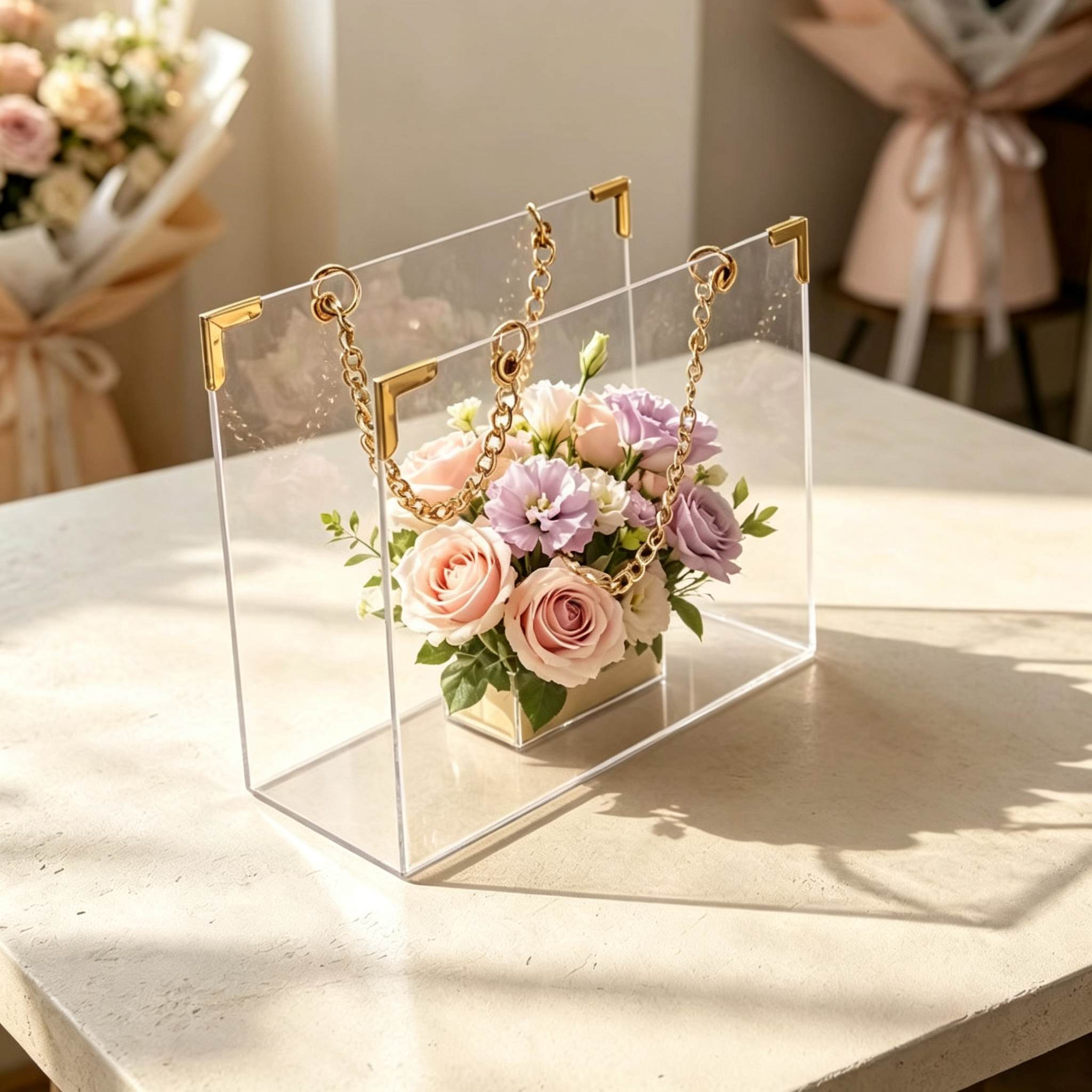 Clear Acrylic Flower Box Handbag with Gold Chain Handle — Transparent Acrylic Bag Floral Gift Tote for Wedding Favors, Bridesmaid Proposals & Event Deco