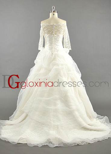 2013 A-line Off-the-shoulder Train Lace Beaded Organza Ivory Bridal dresses BDGD1007