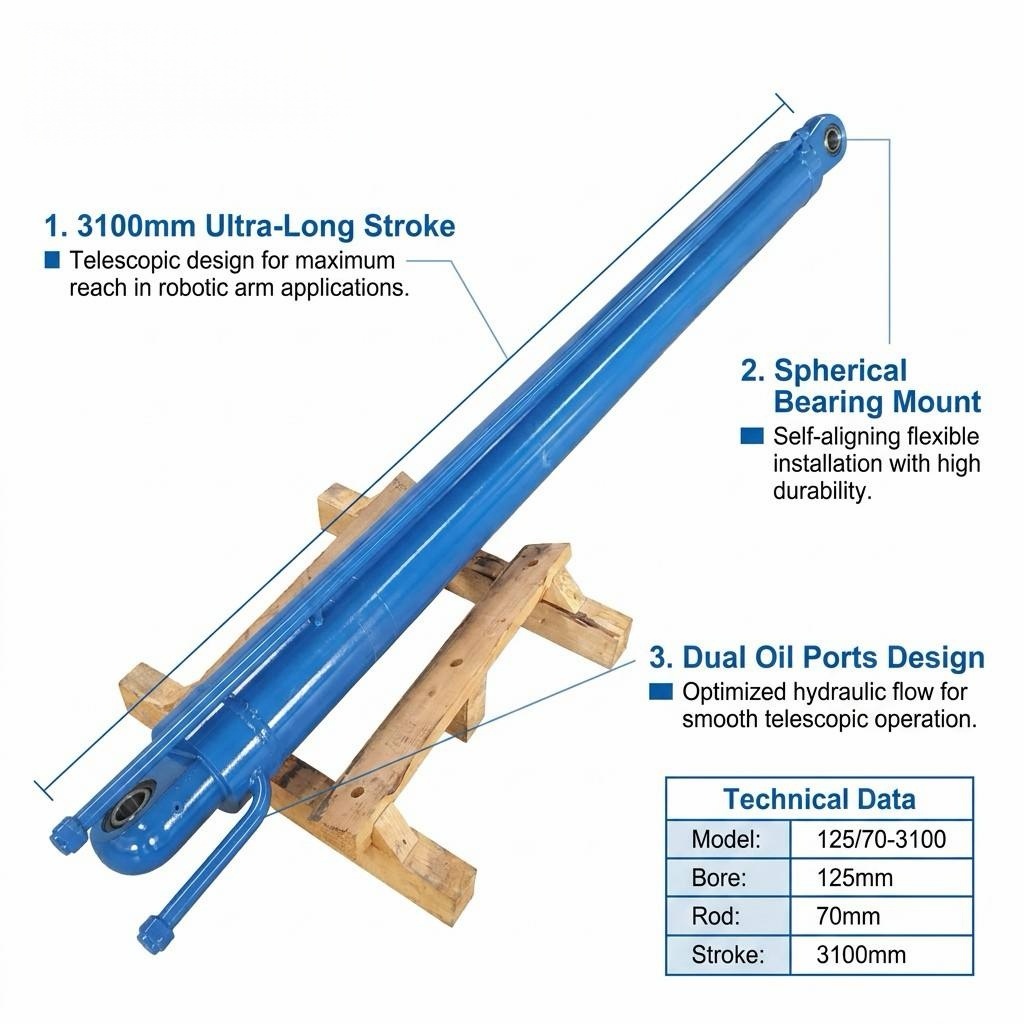 Robot Arm Telescopic Hydraulic Cylinder 125/70-3100 | ISO 6022 Double Acting Long Stroke Cylinder with MP5 Spherical Bearing Mount